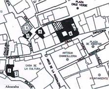 Localización de las industrias medievales: Molino de San Andrés (1), Casa del Peso del la Harina (2), Molino de los Santaolalla (3), Casa del Tinte (4), posibles Tenerías de Santa Isabel (5) y Carnicerías de 1568 (6).